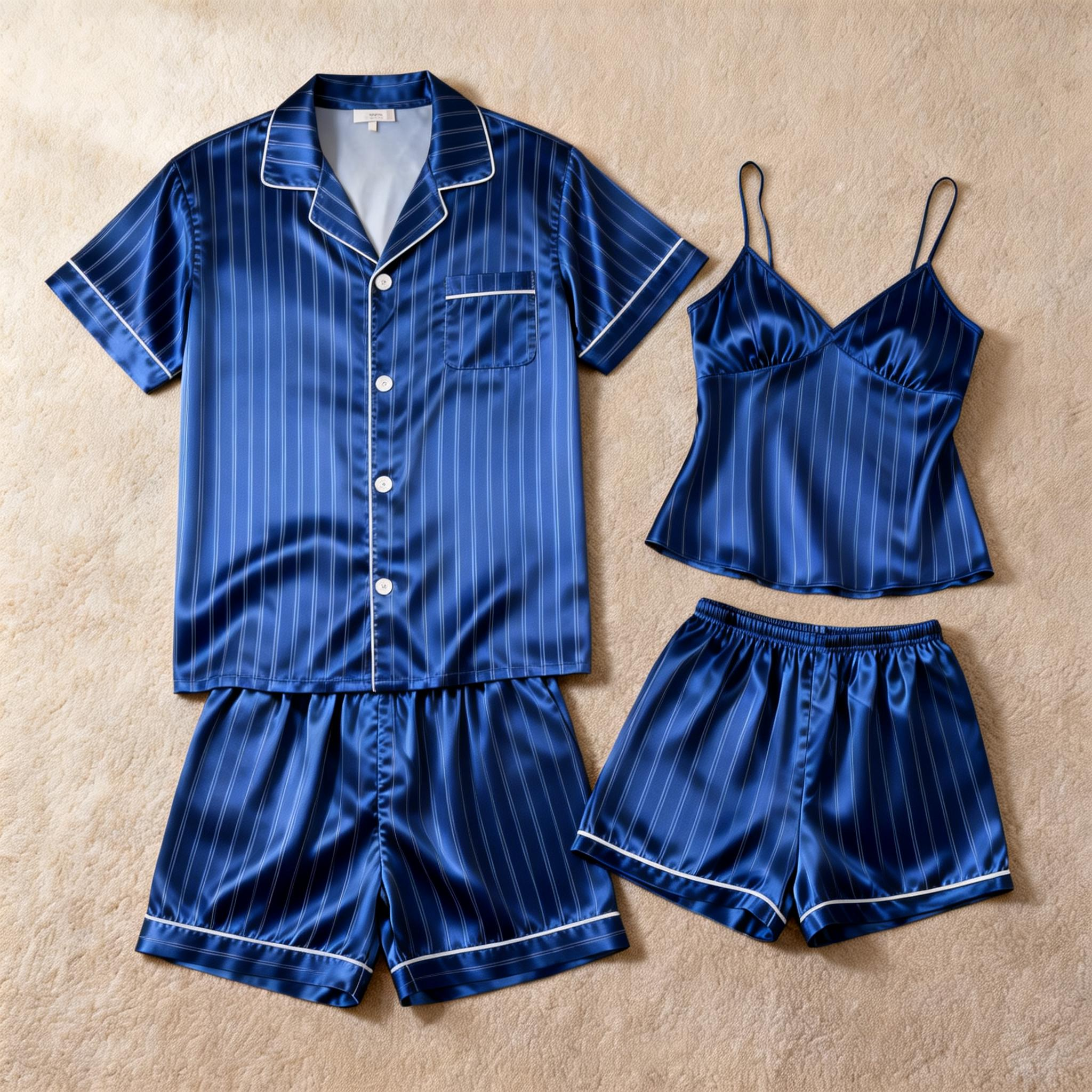 Silky Satin Striped Printed Sleep Set for Couples-Black