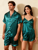 Silky Satin Striped Printed Sleep Set for Couples-Teal