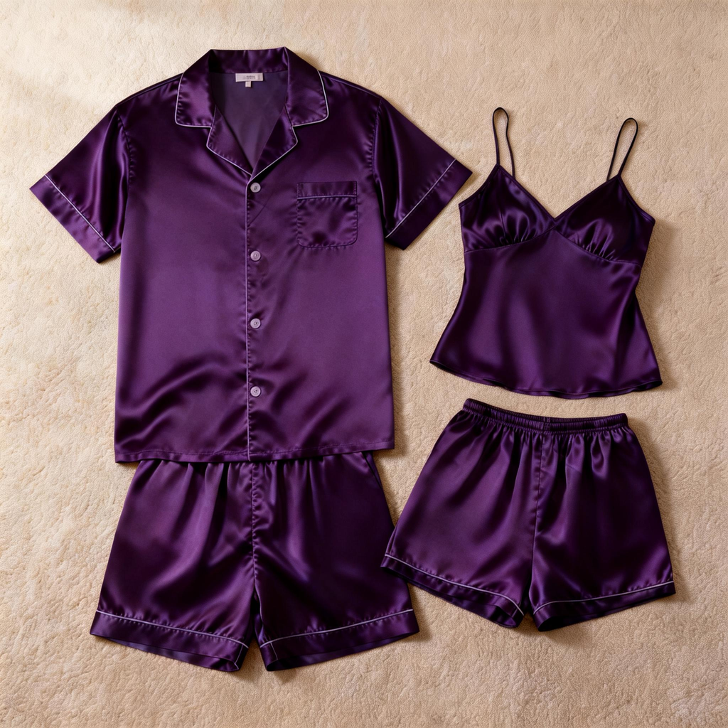 Silky Satin Solid Sleep Set for Couples-Purple