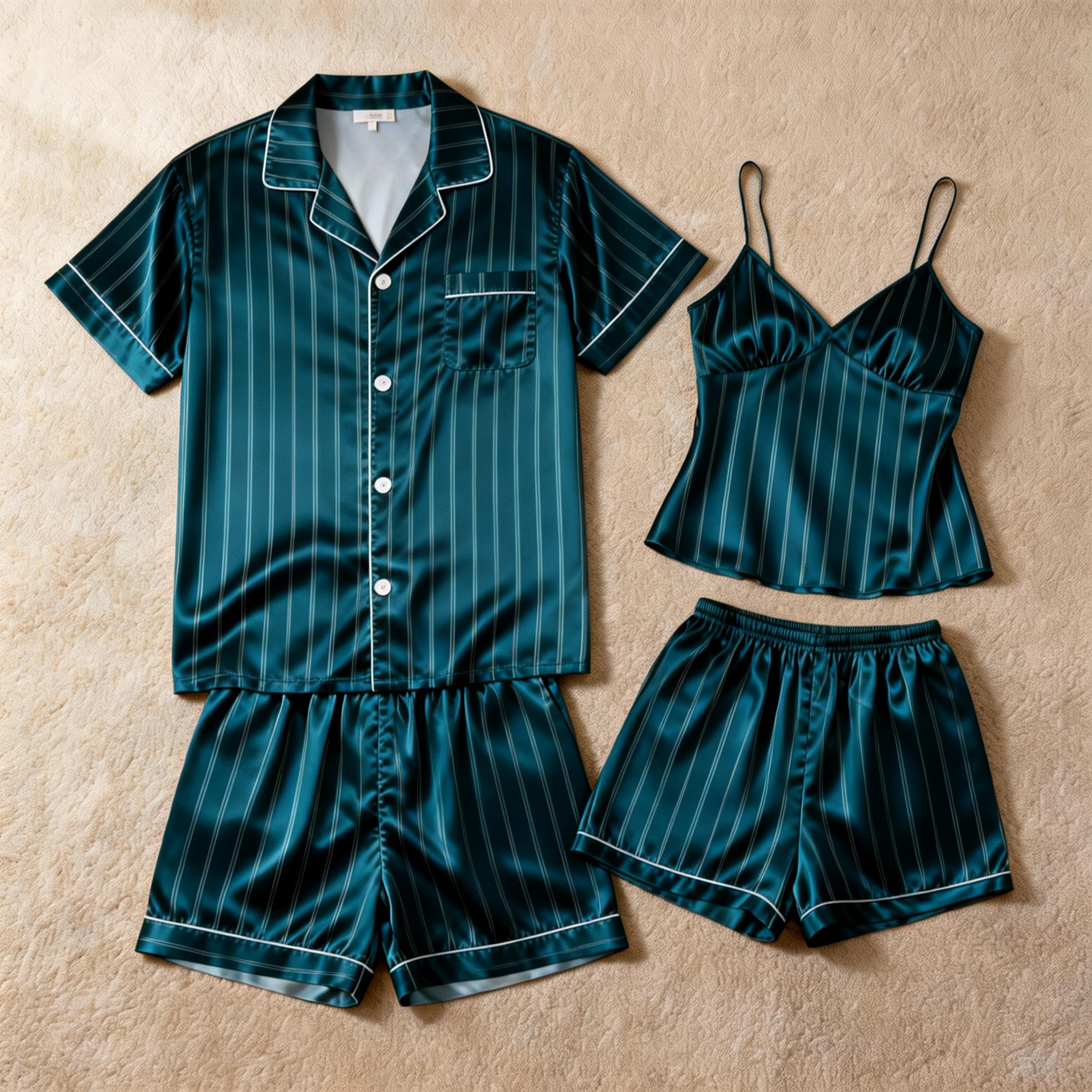 Silky Satin Striped Printed Sleep Set for Couples-Brown