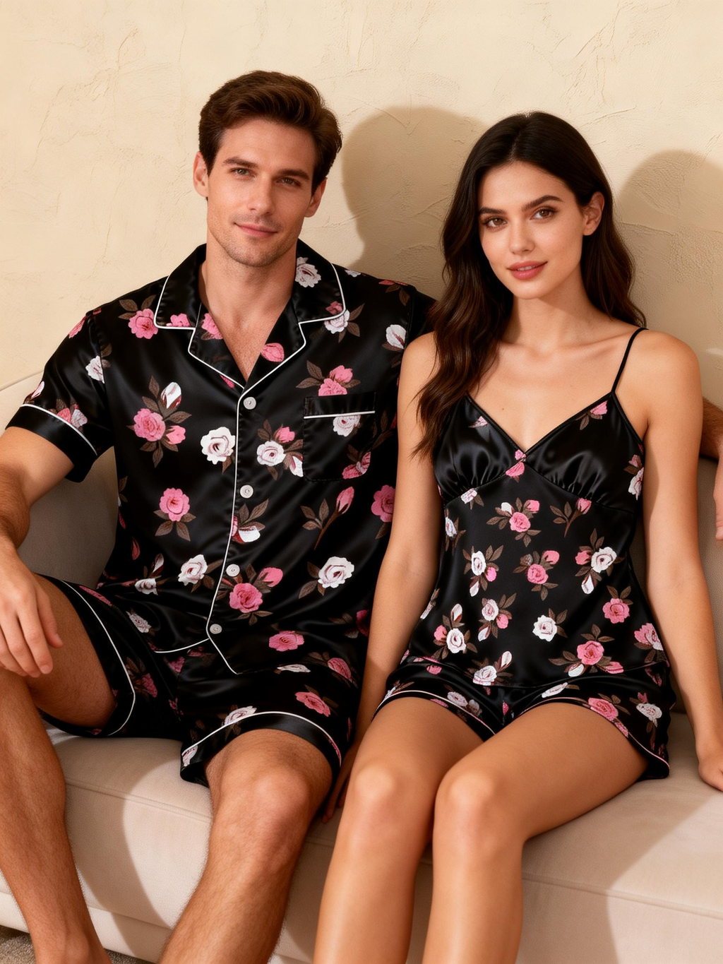 Matching Silky Sleep Set for Couples ¨C Satin Short Style