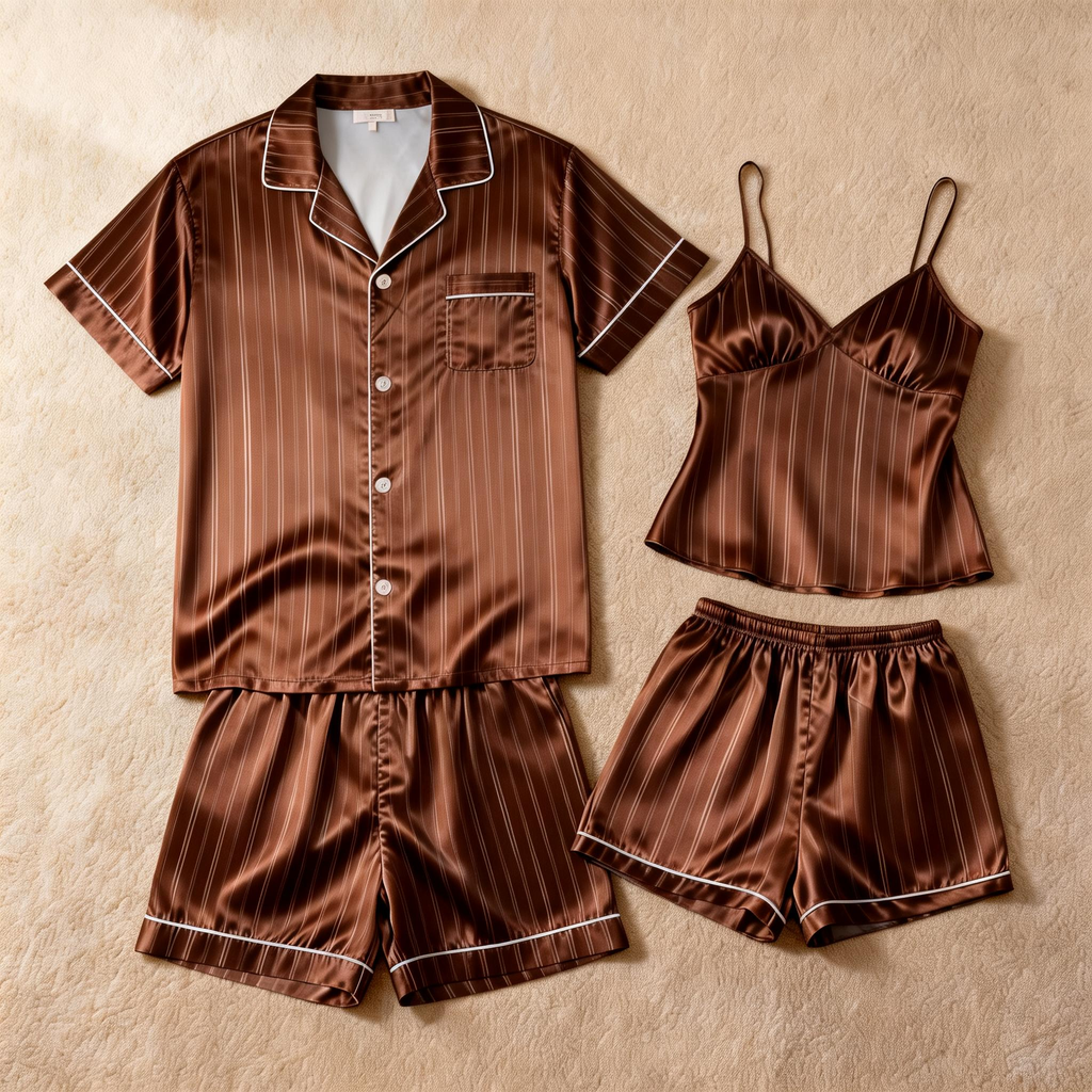 Silky Satin Striped Printed Sleep Set for Couples-Navy