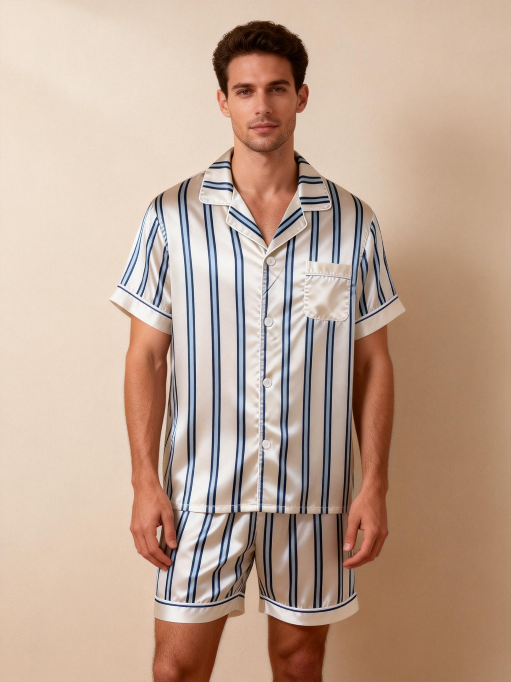 Silky Classic Striped Printed Couple Sleepwear ¨C Navy Satin Short Pajama Set