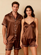 Silky Satin Striped Printed Sleep Set for Couples-Brown