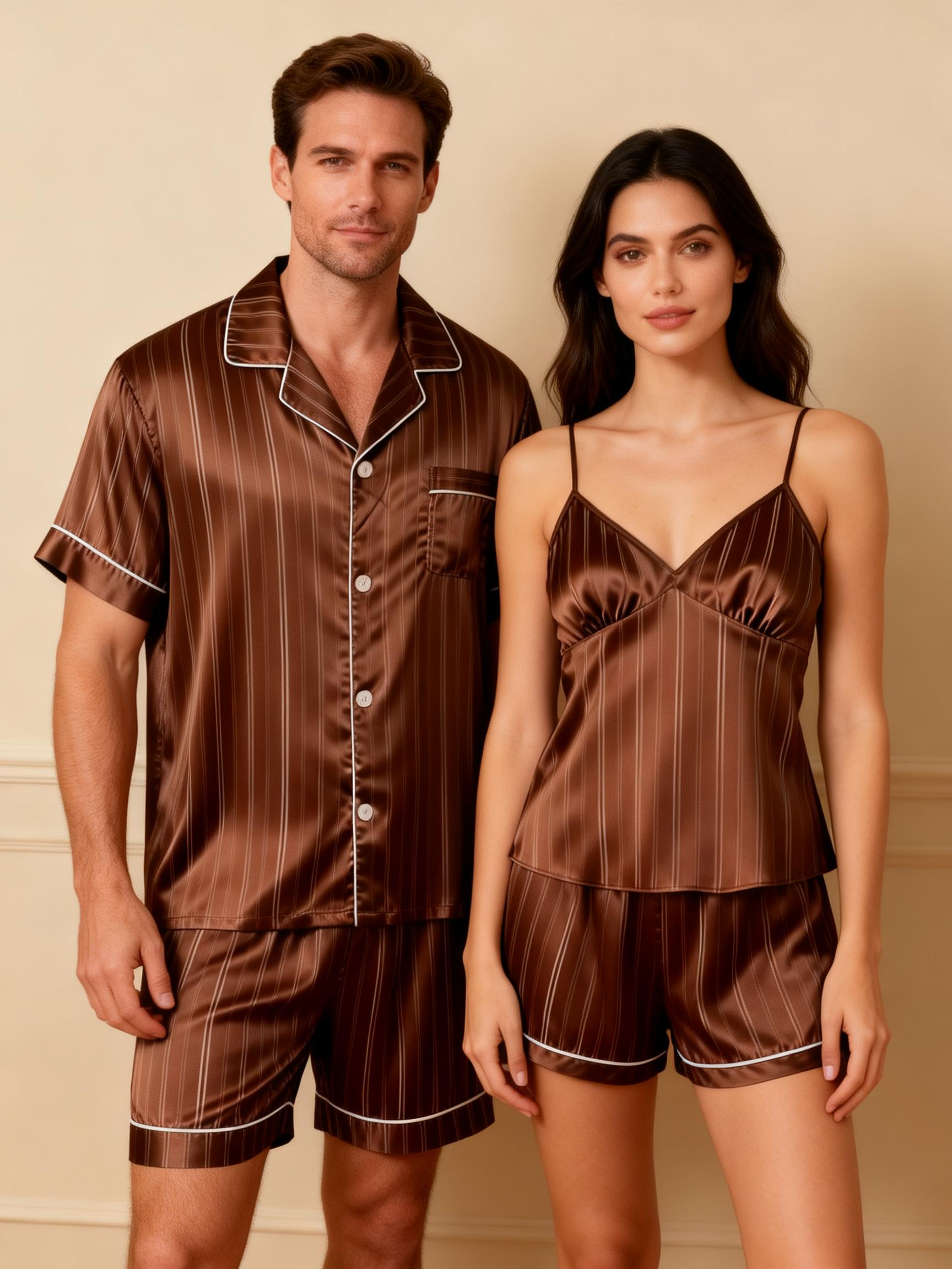 Silky Satin Striped Printed Sleep Set for Couples-Brown