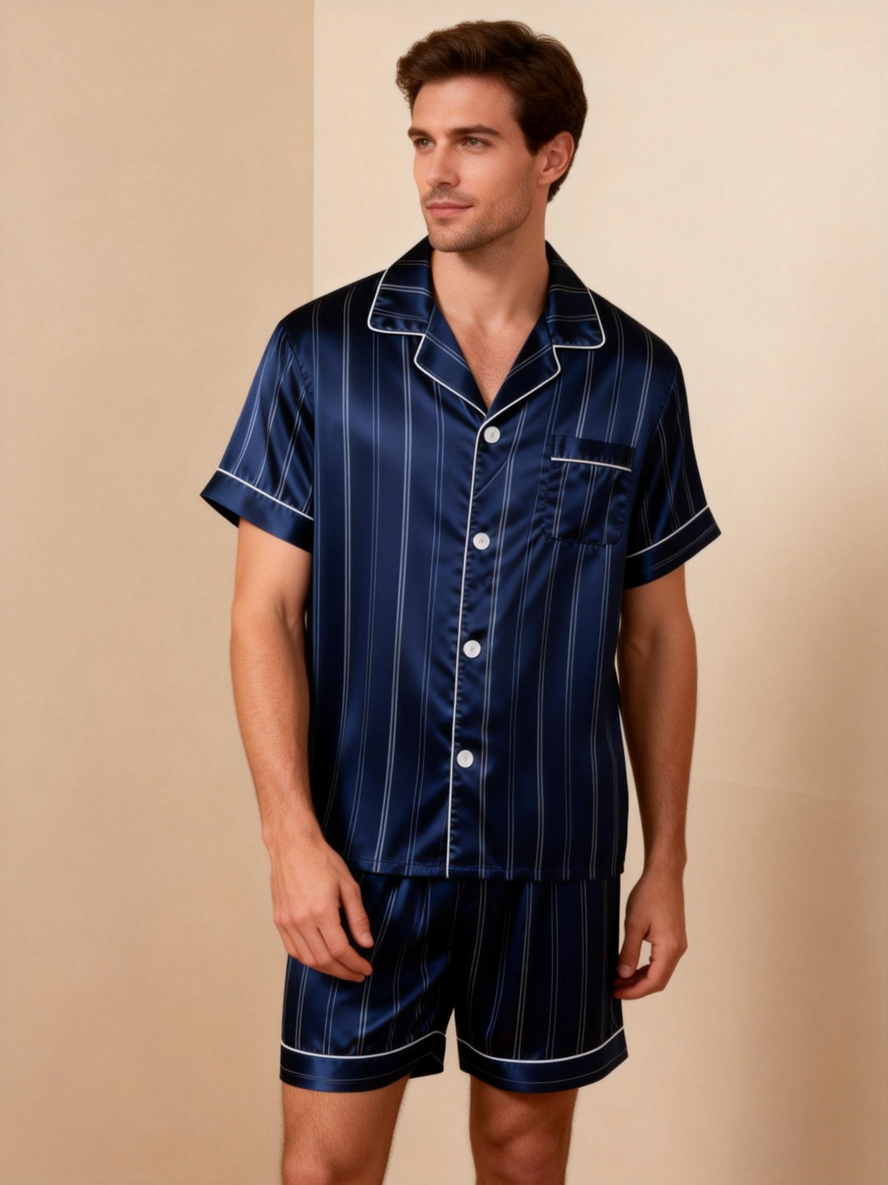 Silky Satin Striped Printed Sleep Set for Couples-Navy
