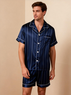 Silky Satin Striped Printed Sleep Set for Couples-Royal