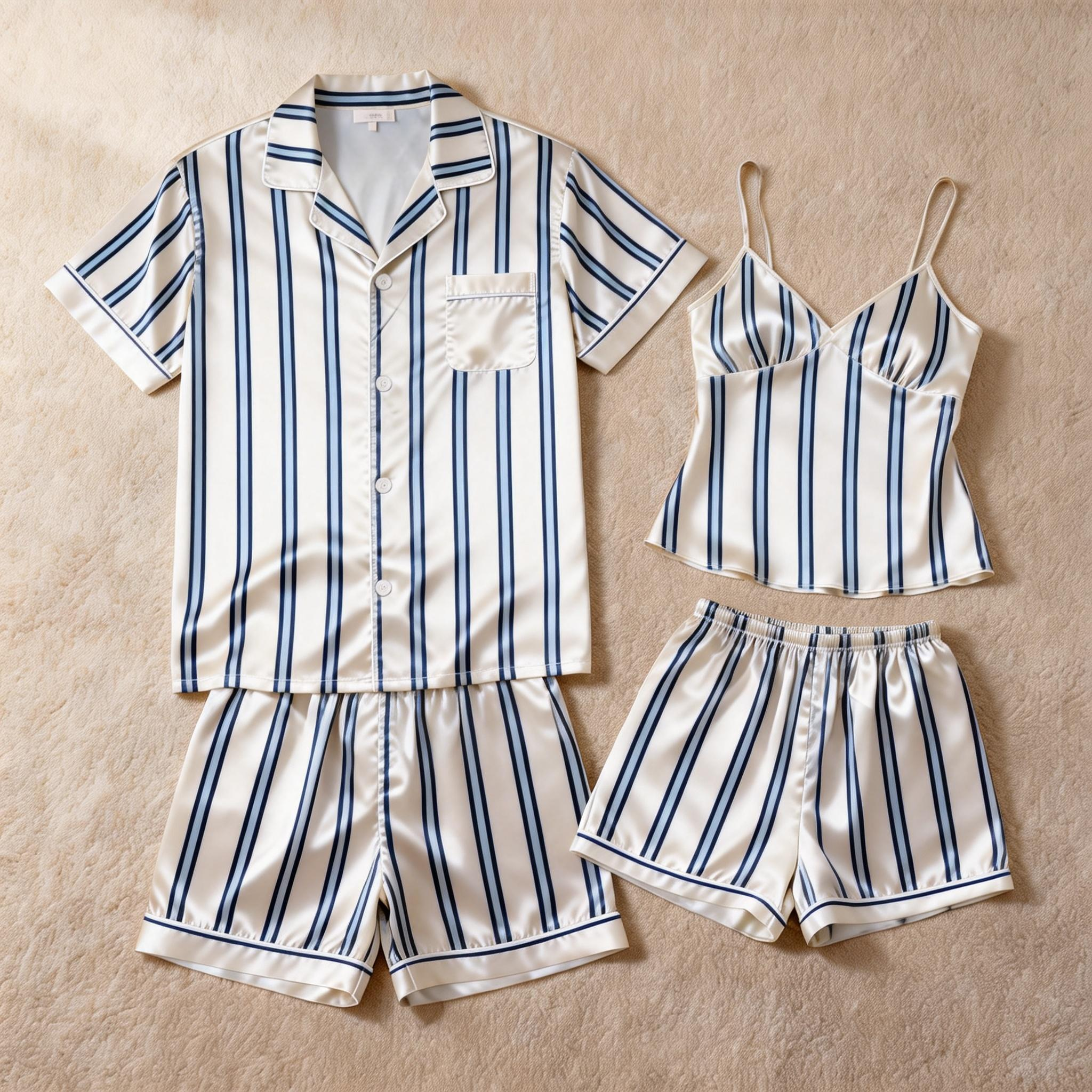 Silky Classic Striped Printed Couple Sleepwear ¨C Satin Short Pajama Set