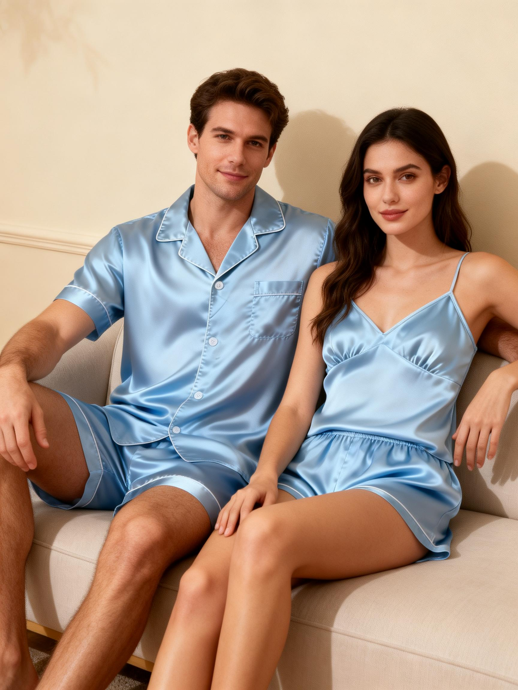 Silky Satin Solid Sleep Set for Couples-Baby Blue