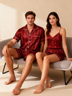Silky Satin Striped Printed Sleep Set for Couples-Red