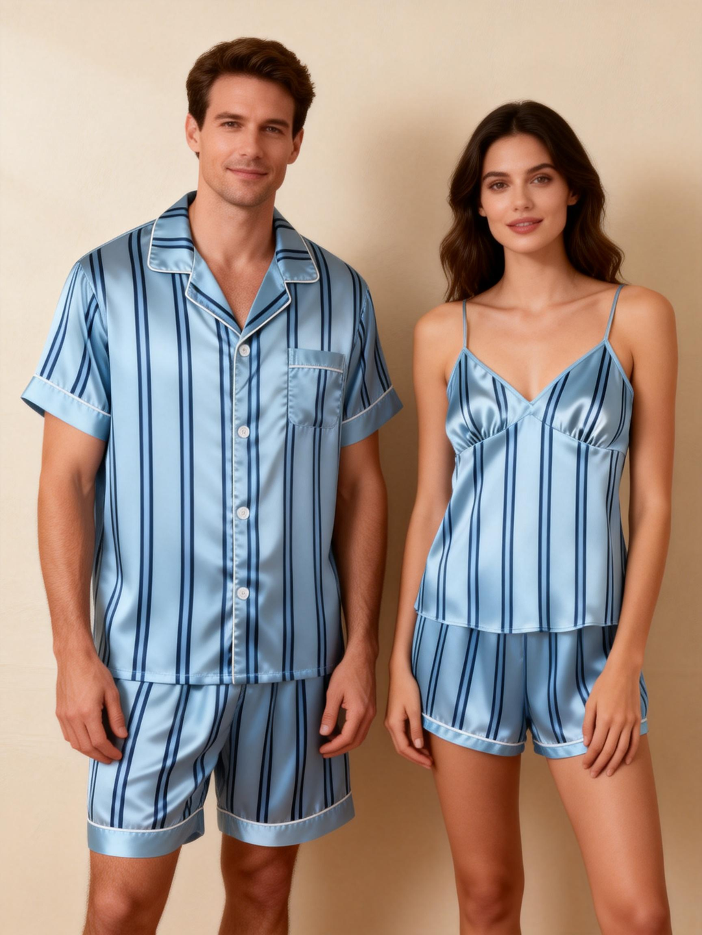 Silky Classic Striped Printed Couple Sleepwear ¨C Navy Satin Short Pajama Set