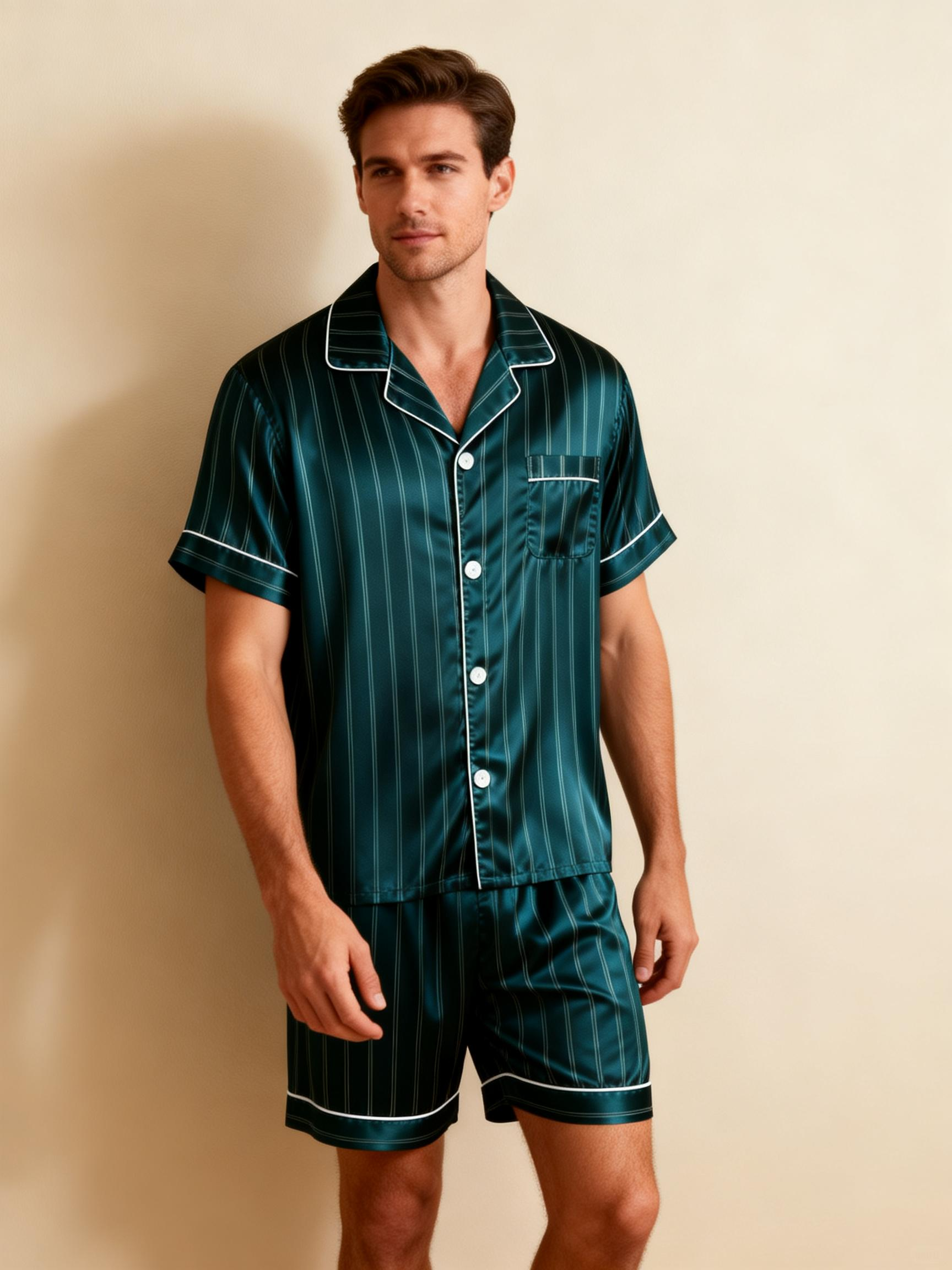 Silky Satin Striped Printed Sleep Set for Couples-Dark Green