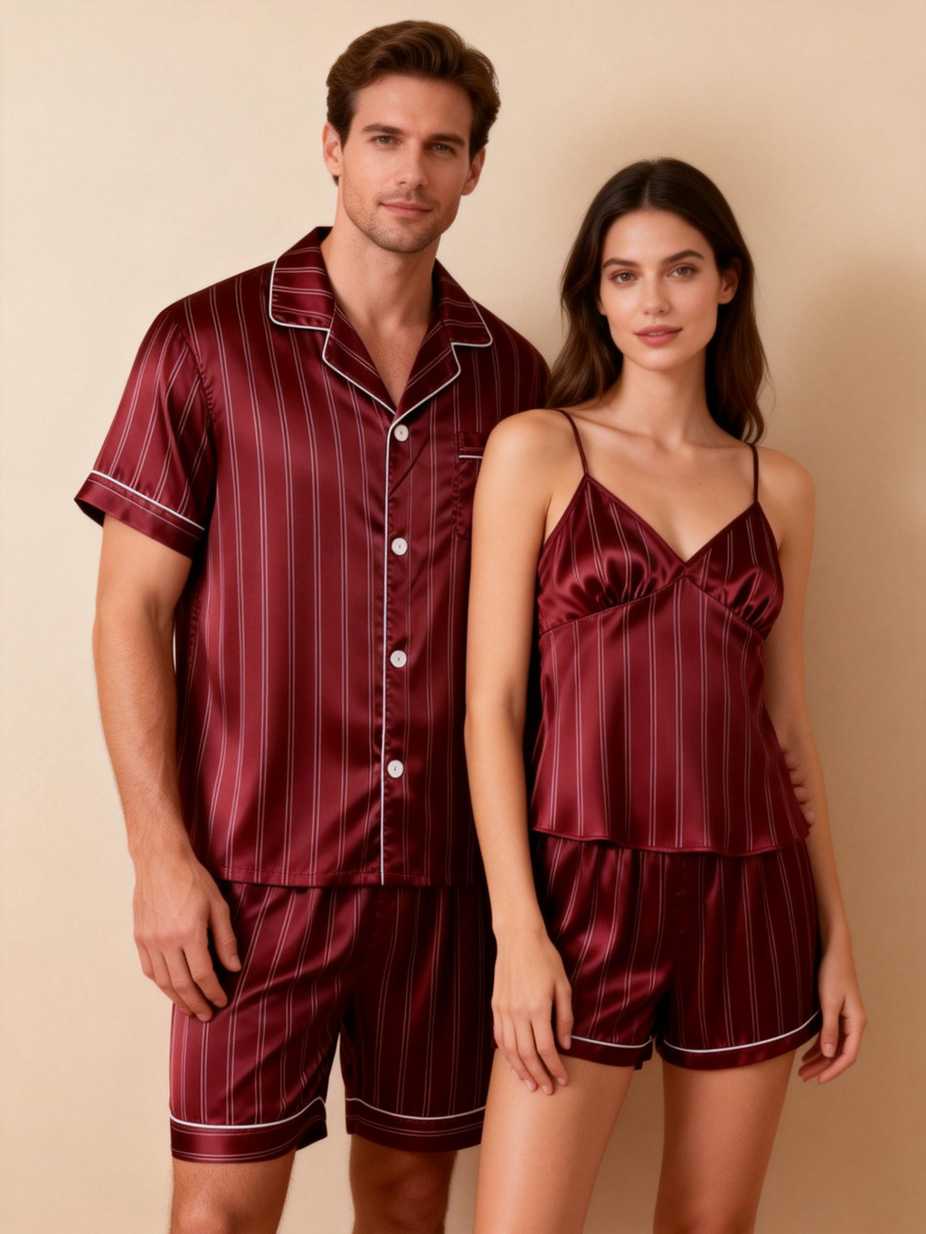 Silky Satin Striped Printed Sleep Set for Couples-Black