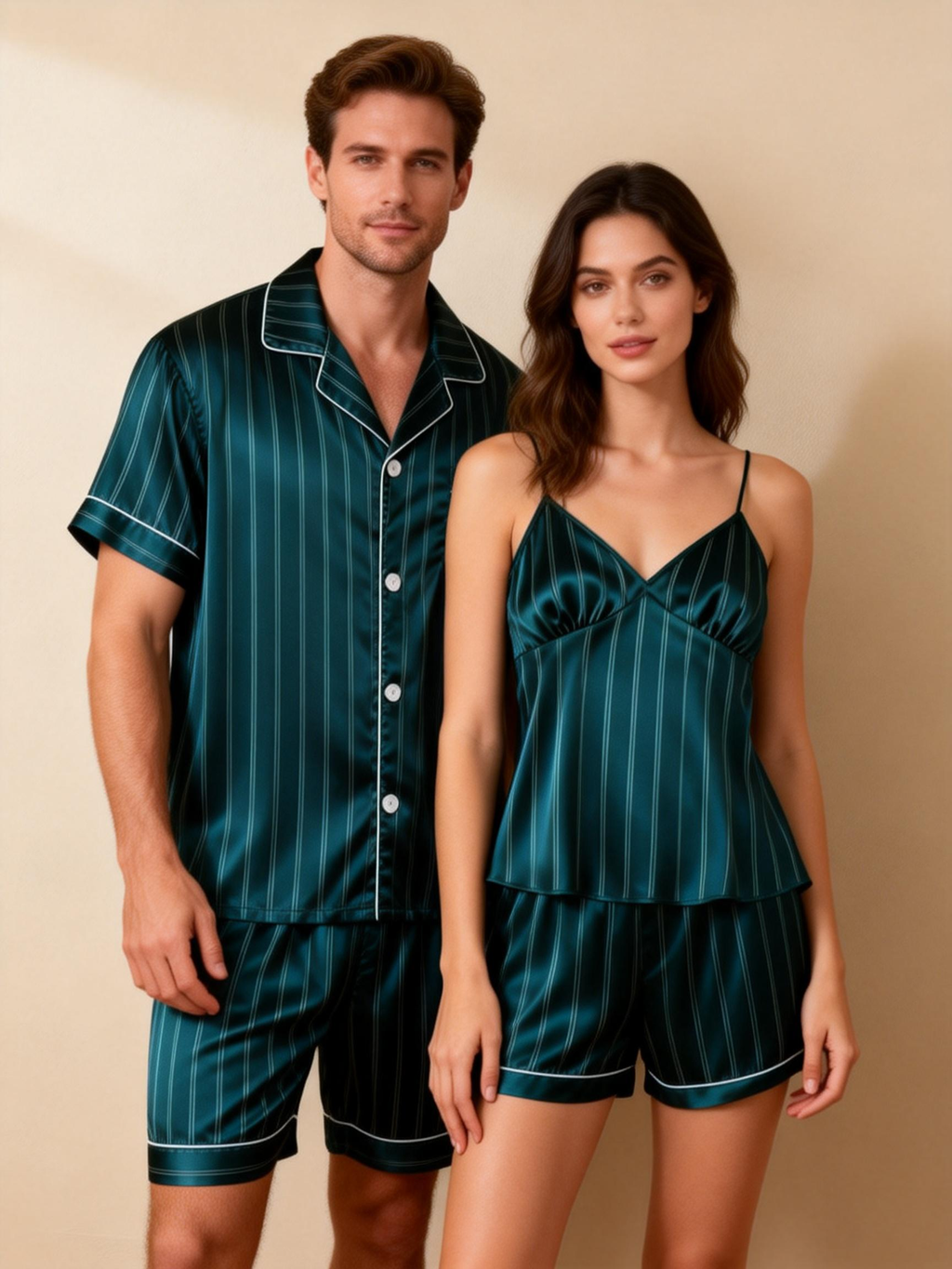 Silky Satin Striped Printed Sleep Set for Couples-Black