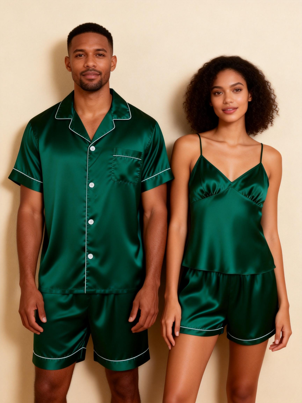 Silky Satin Solid Sleep Set for Couples-Dark Green