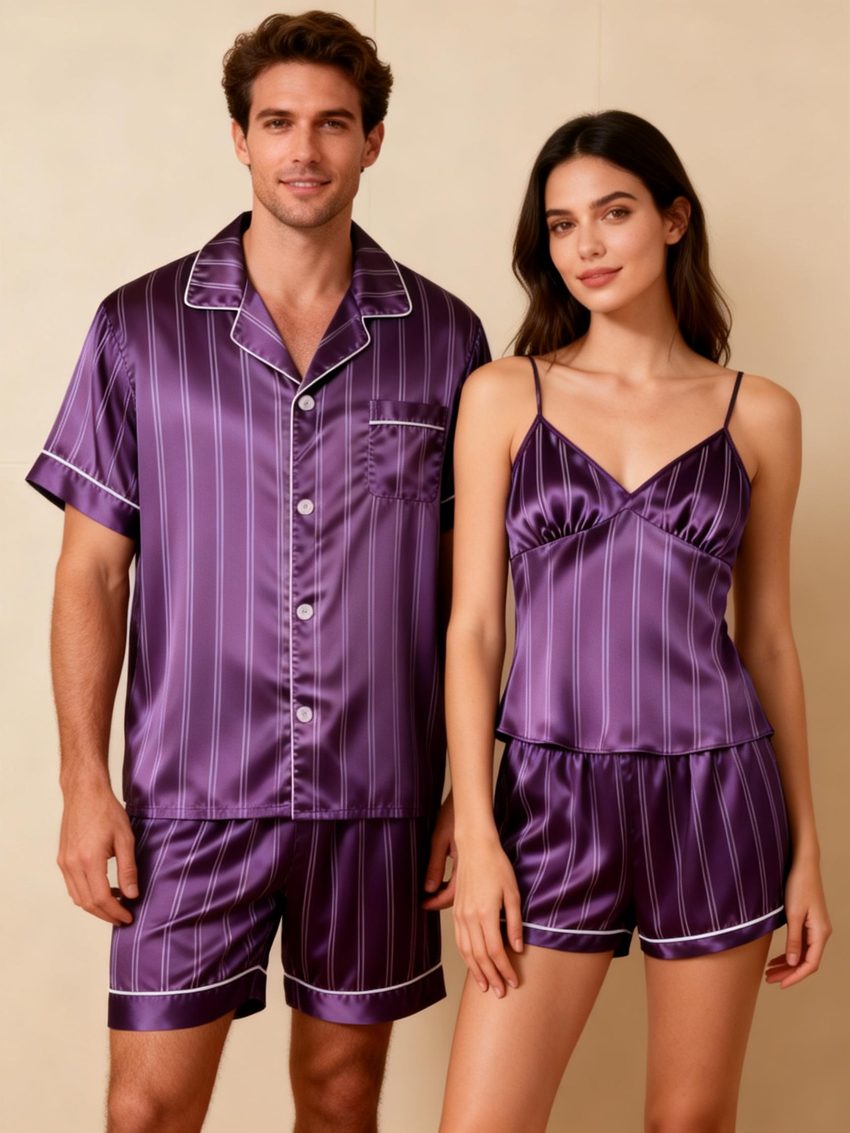 Silky Satin Striped Printed Sleep Set for Couples-Purple