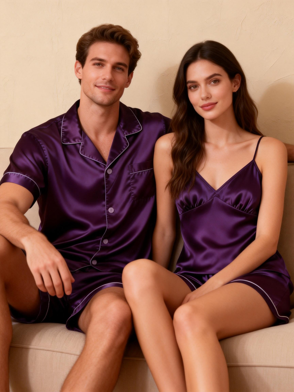 Silky Satin Solid Sleep Set for Couples-Purple