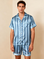 Silky Classic Striped Printed Couple Sleepwear ¨C Navy Satin Short Pajama Set