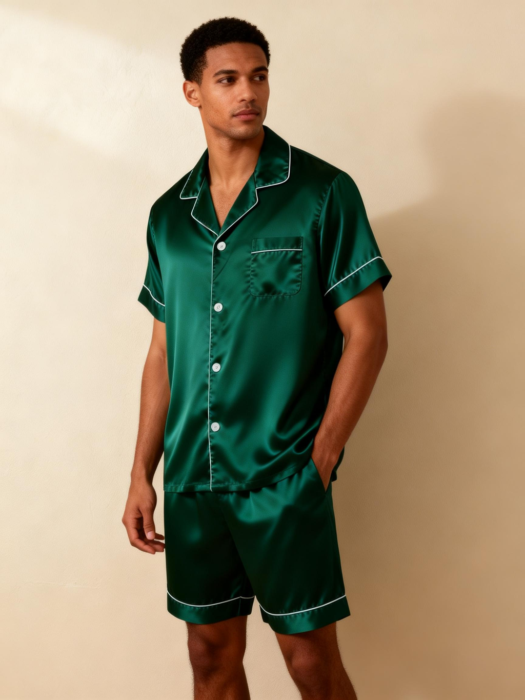 Silky Satin Solid Sleep Set for Couples-Dark Green