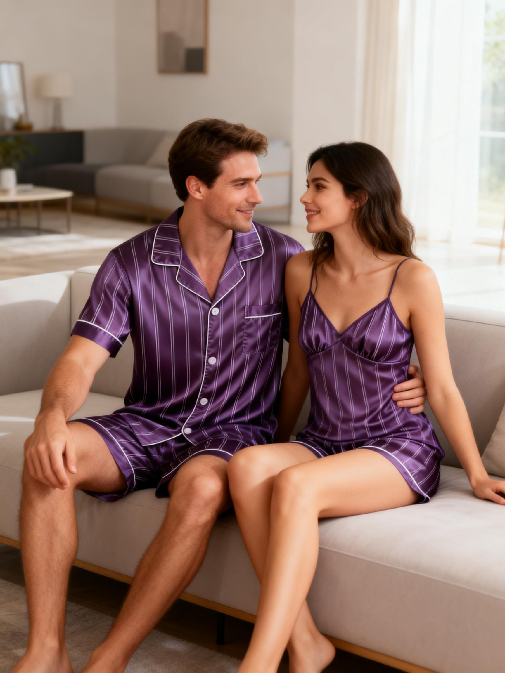 Silky Satin Striped Printed Sleep Set for Couples-Teal