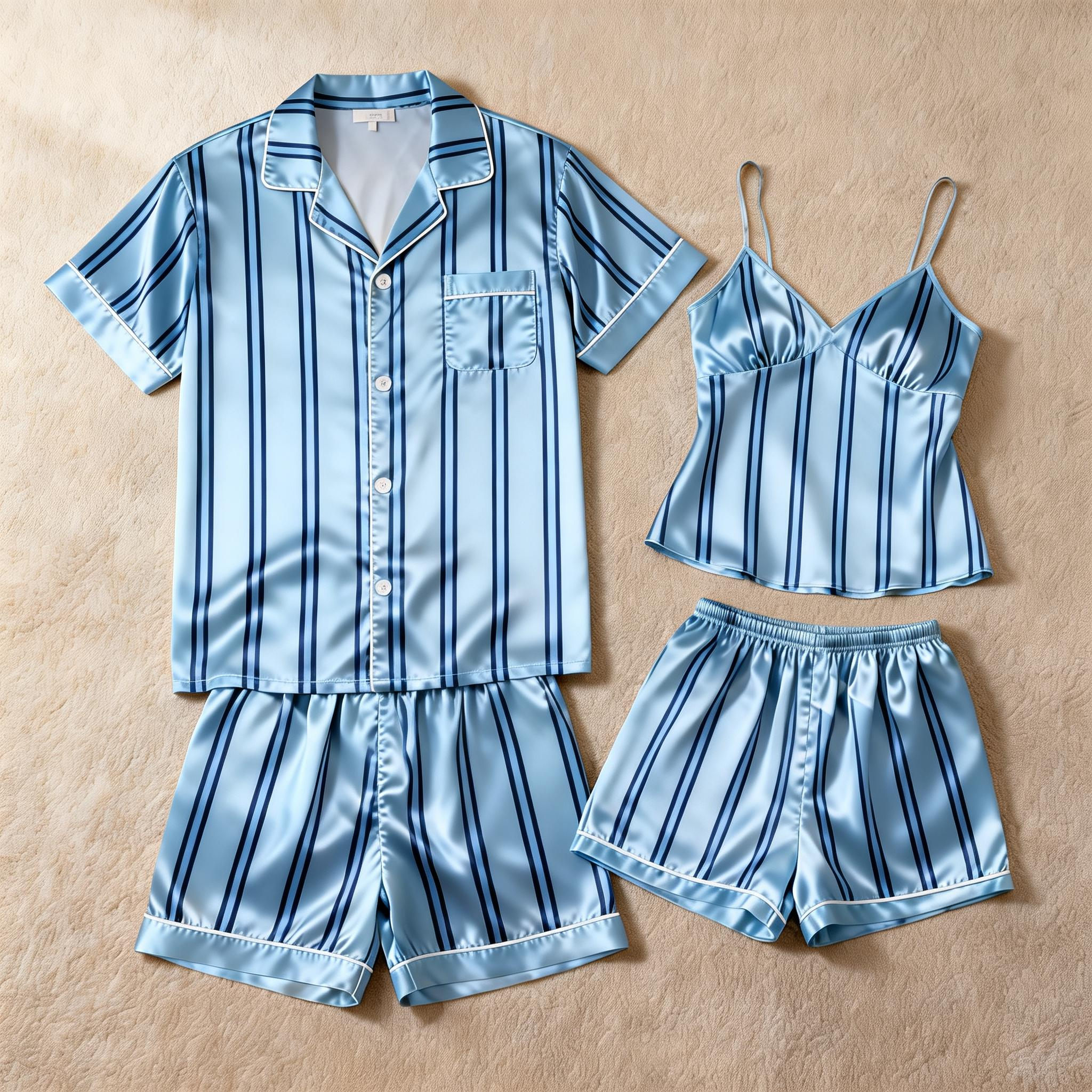 Silky Classic Striped Printed Couple Sleepwear ¨C Navy Satin Short Pajama Set