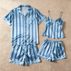 Silky Classic Striped Printed Couple Sleepwear ¨C Oecan Satin Short Pajama Set