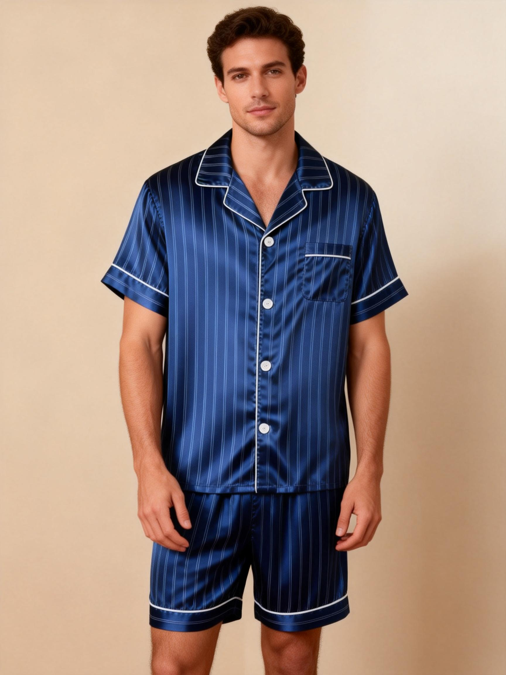 Silky Satin Striped Printed Sleep Set for Couples-Royal