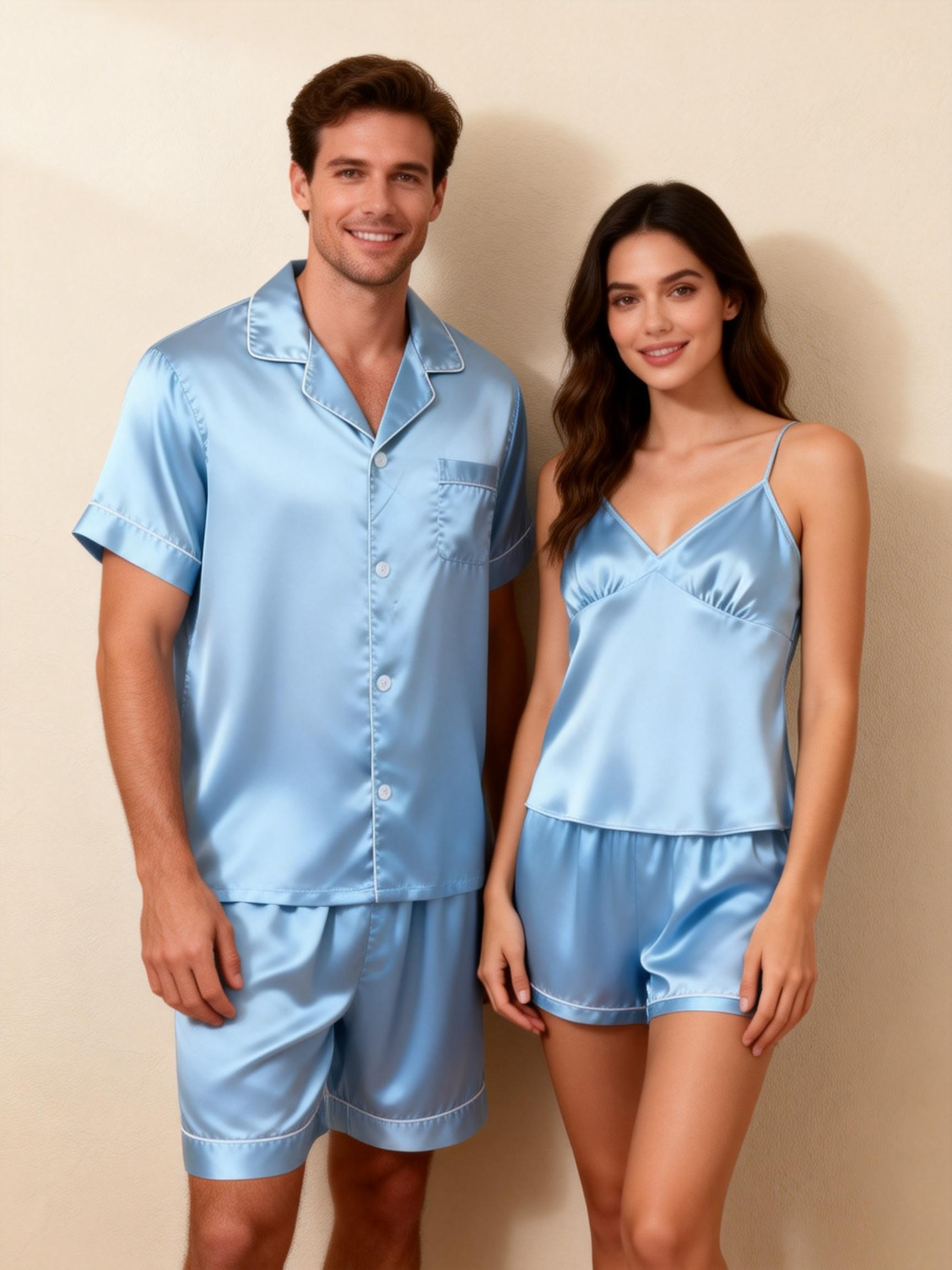 Silky Satin Solid Sleep Set for Couples-Burgundy