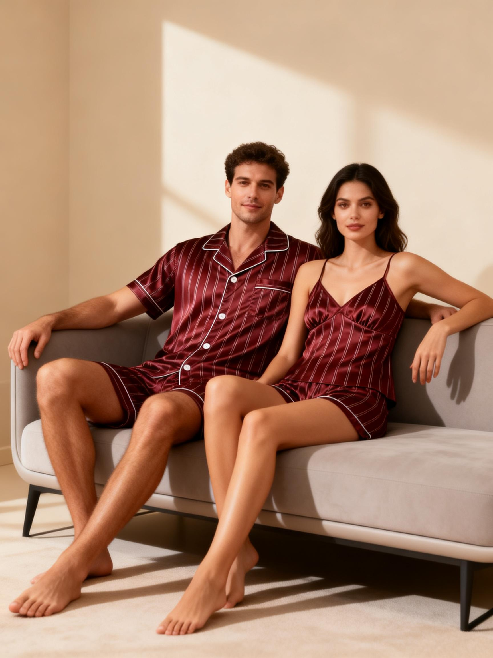 Silky Satin Striped Printed Sleep Set for Couples-Burgundy