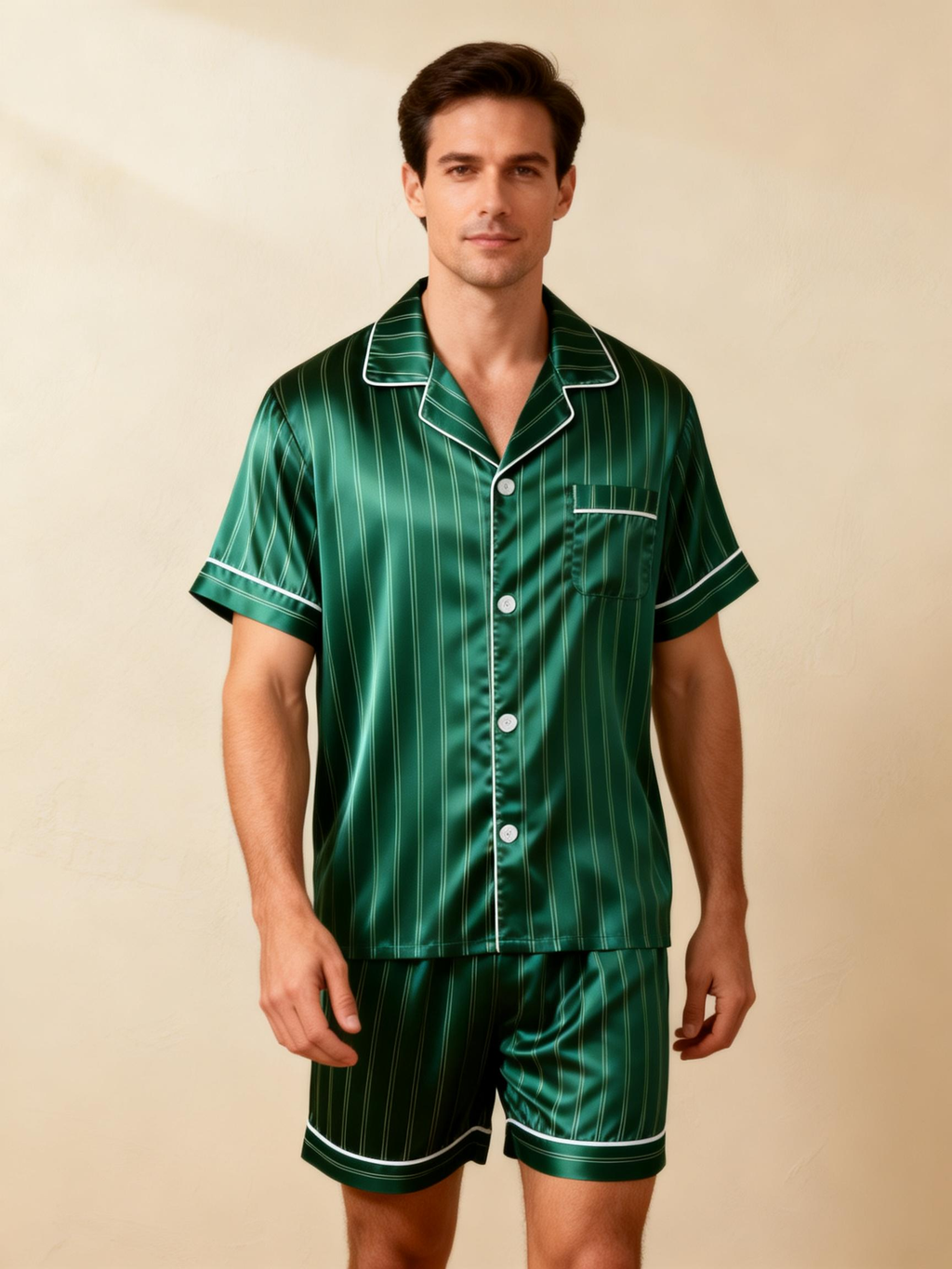 Silky Satin Striped Printed Sleep Set for Couples-Forest Green