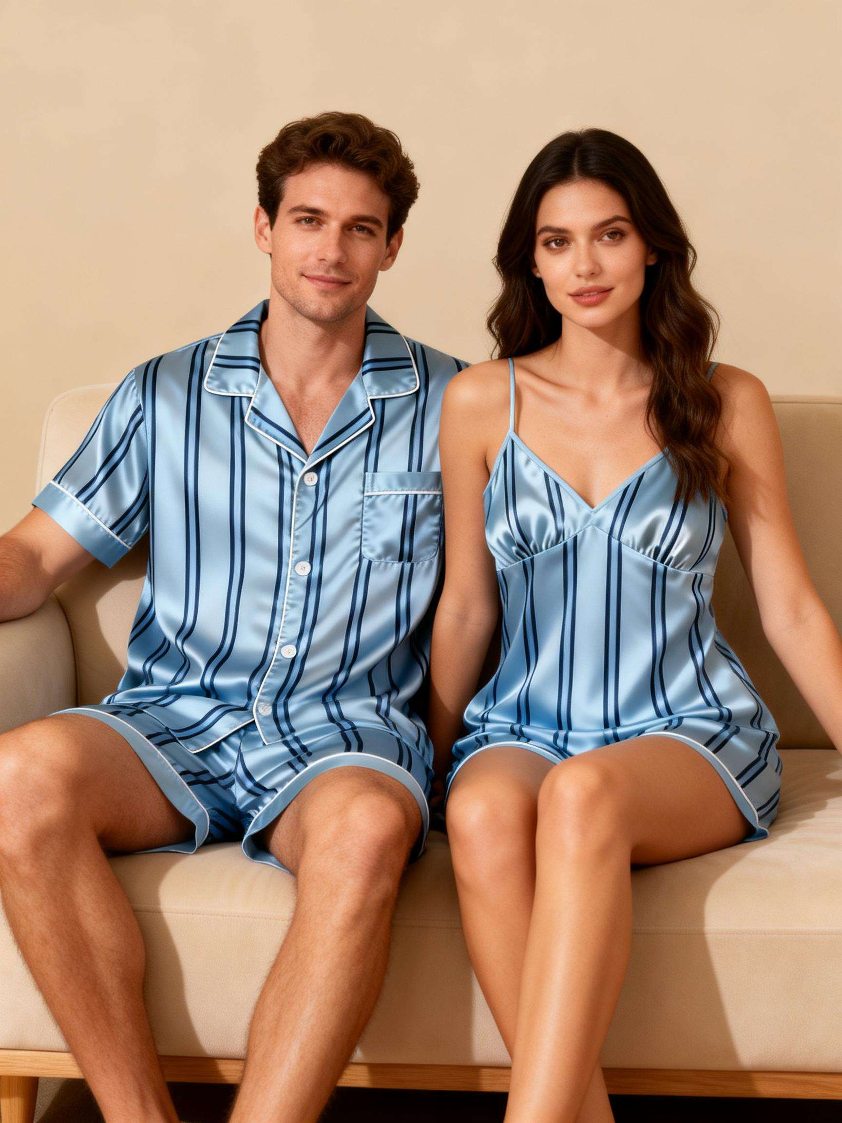 Silky Classic Striped Printed Couple Sleepwear ¨C Navy Satin Short Pajama Set
