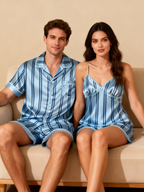 Silky Classic Striped Printed Couple Sleepwear ¨C Oecan Satin Short Pajama Set
