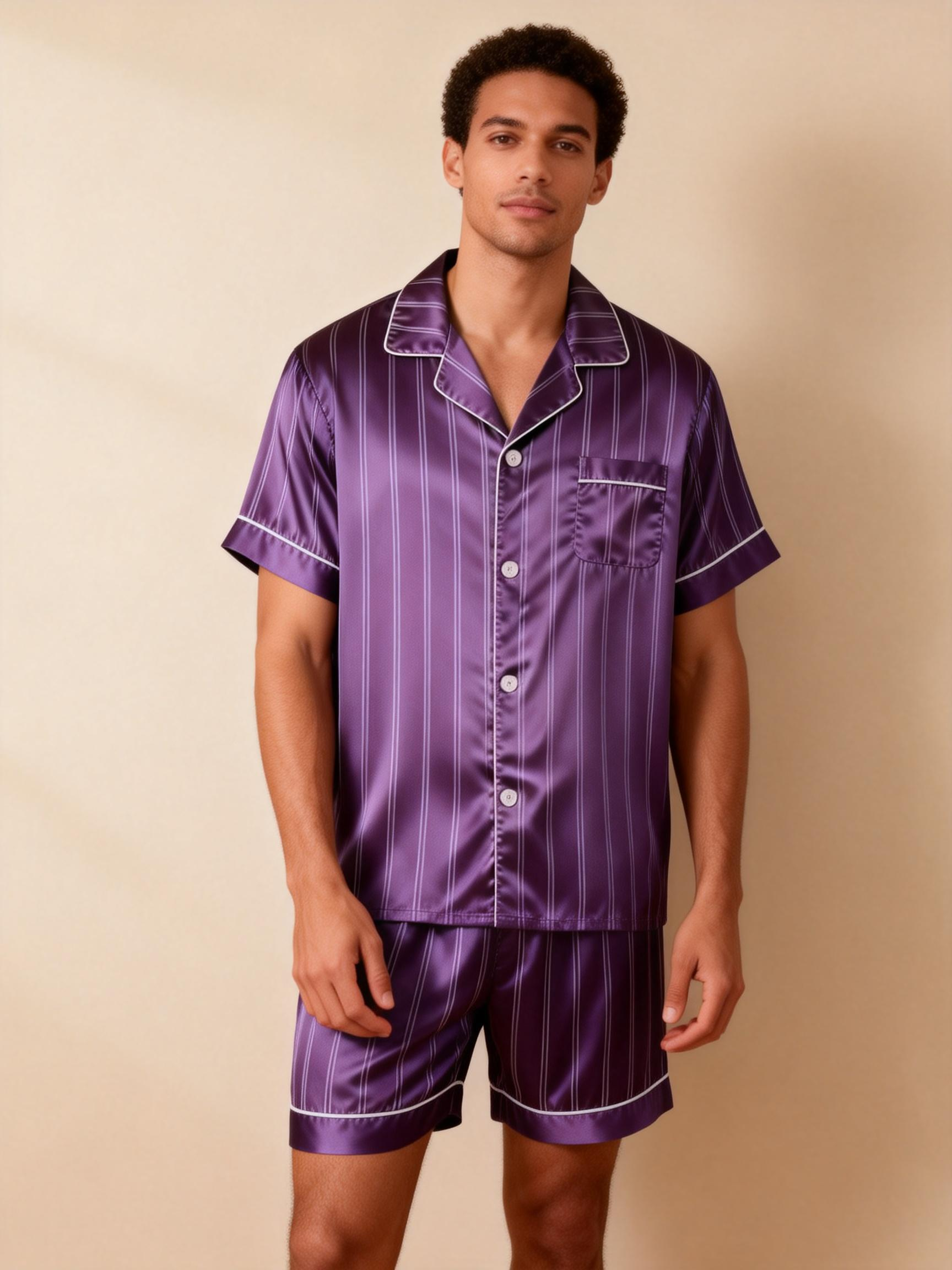 Silky Satin Striped Printed Sleep Set for Couples-Purple