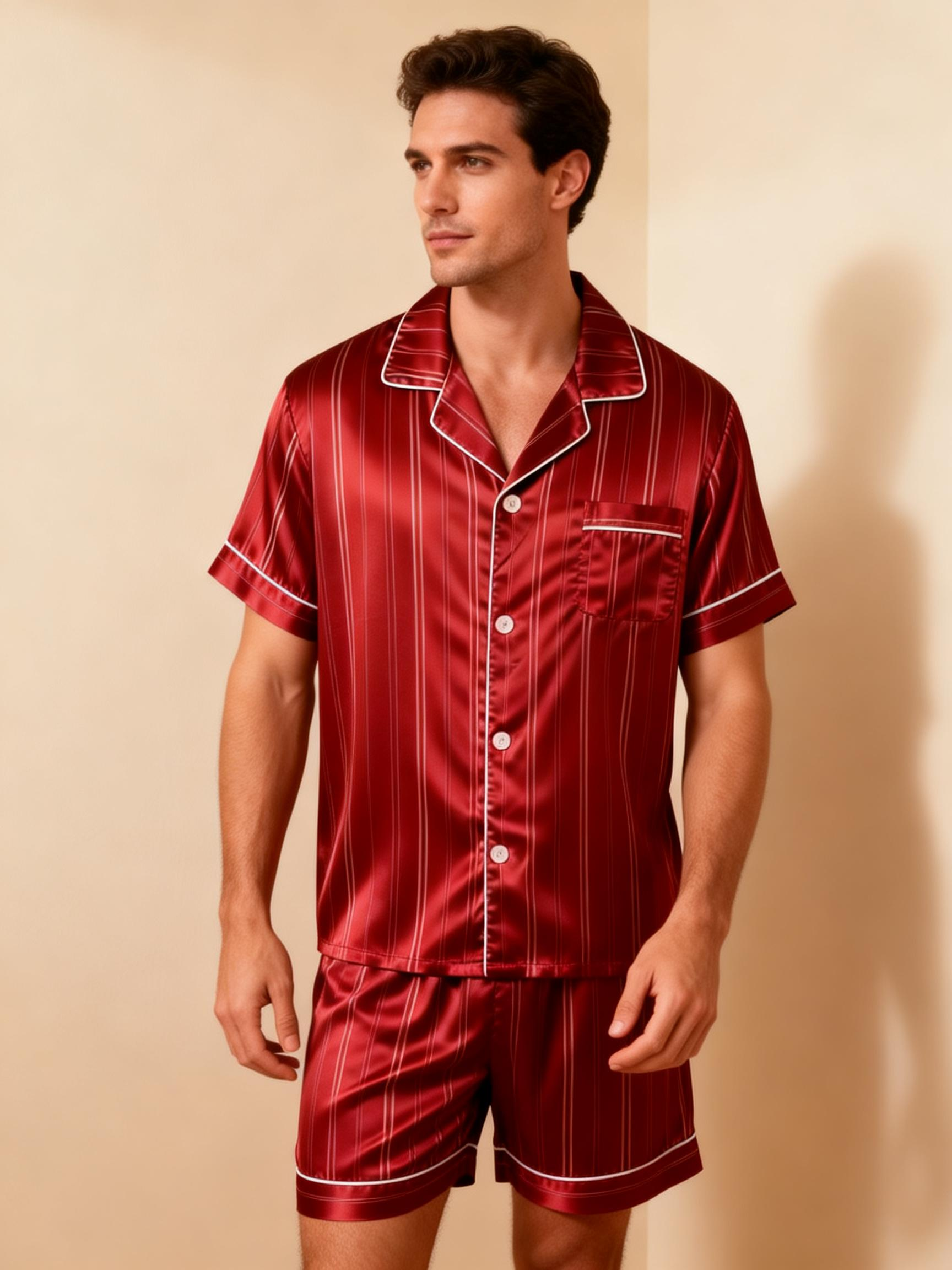 Silky Satin Striped Printed Sleep Set for Couples-Red