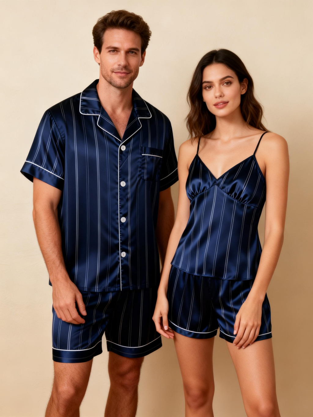 Silky Satin Striped Printed Sleep Set for Couples-Teal