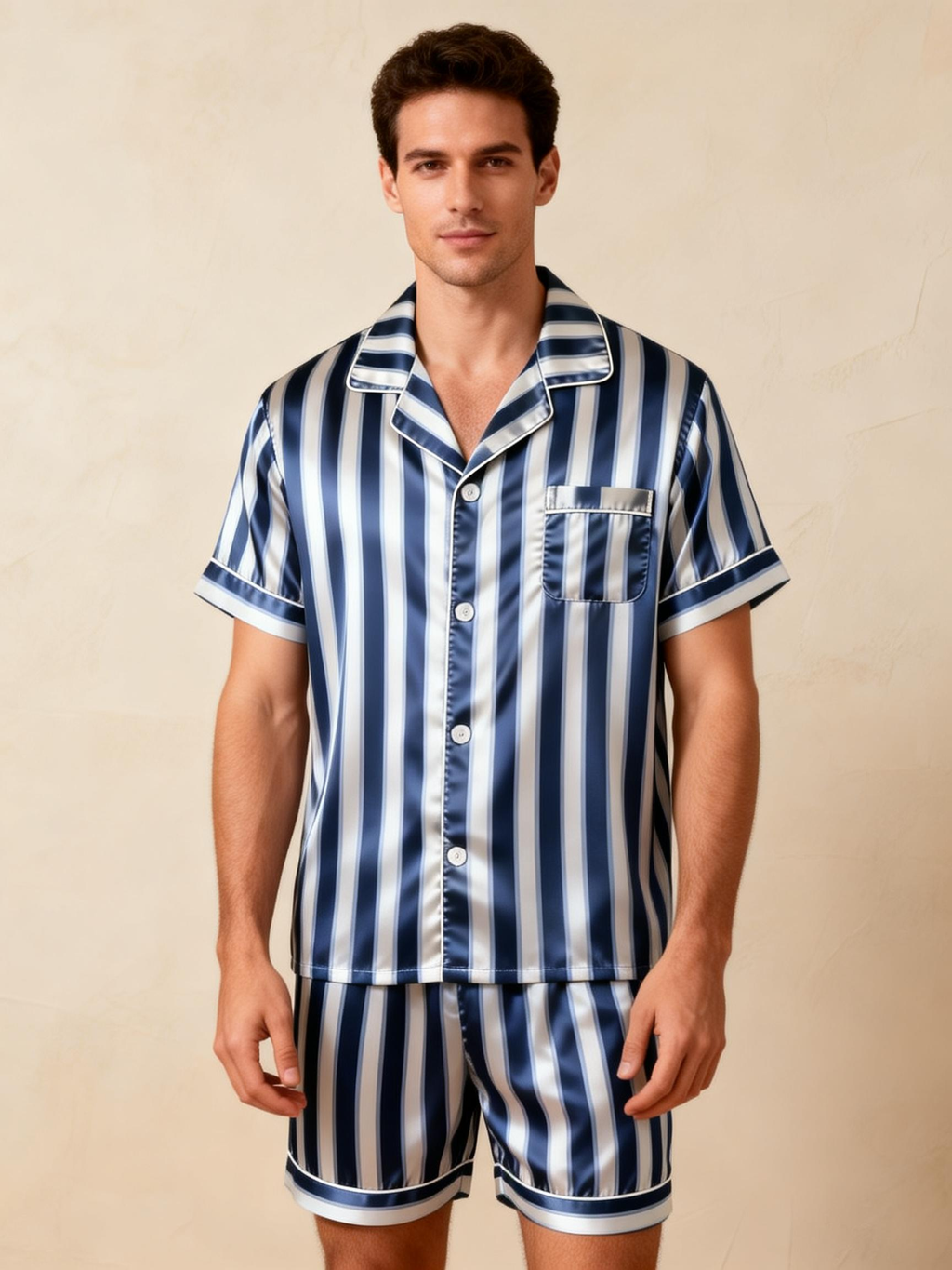 Silky Classic Striped Printed Couple Sleepwear ¨C Navy Satin Short Pajama Set