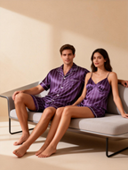 Silky Satin Striped Printed Sleep Set for Couples-Purple