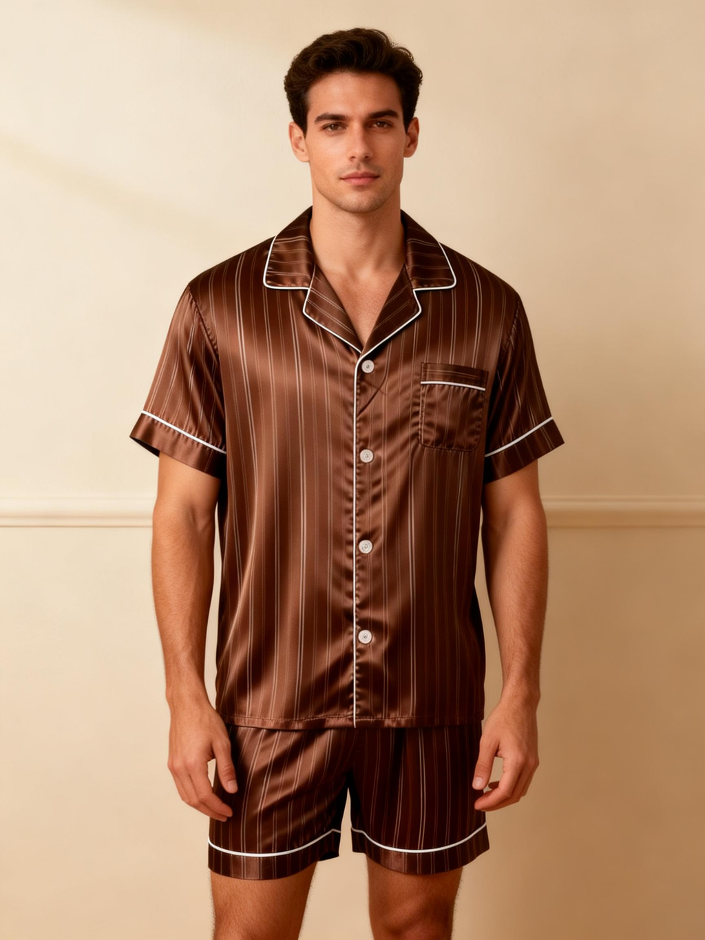 Silky Satin Striped Printed Sleep Set for Couples-Brown