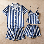 Silky Classic Striped Printed Couple Sleepwear ¨C Navy Satin Short Pajama Set