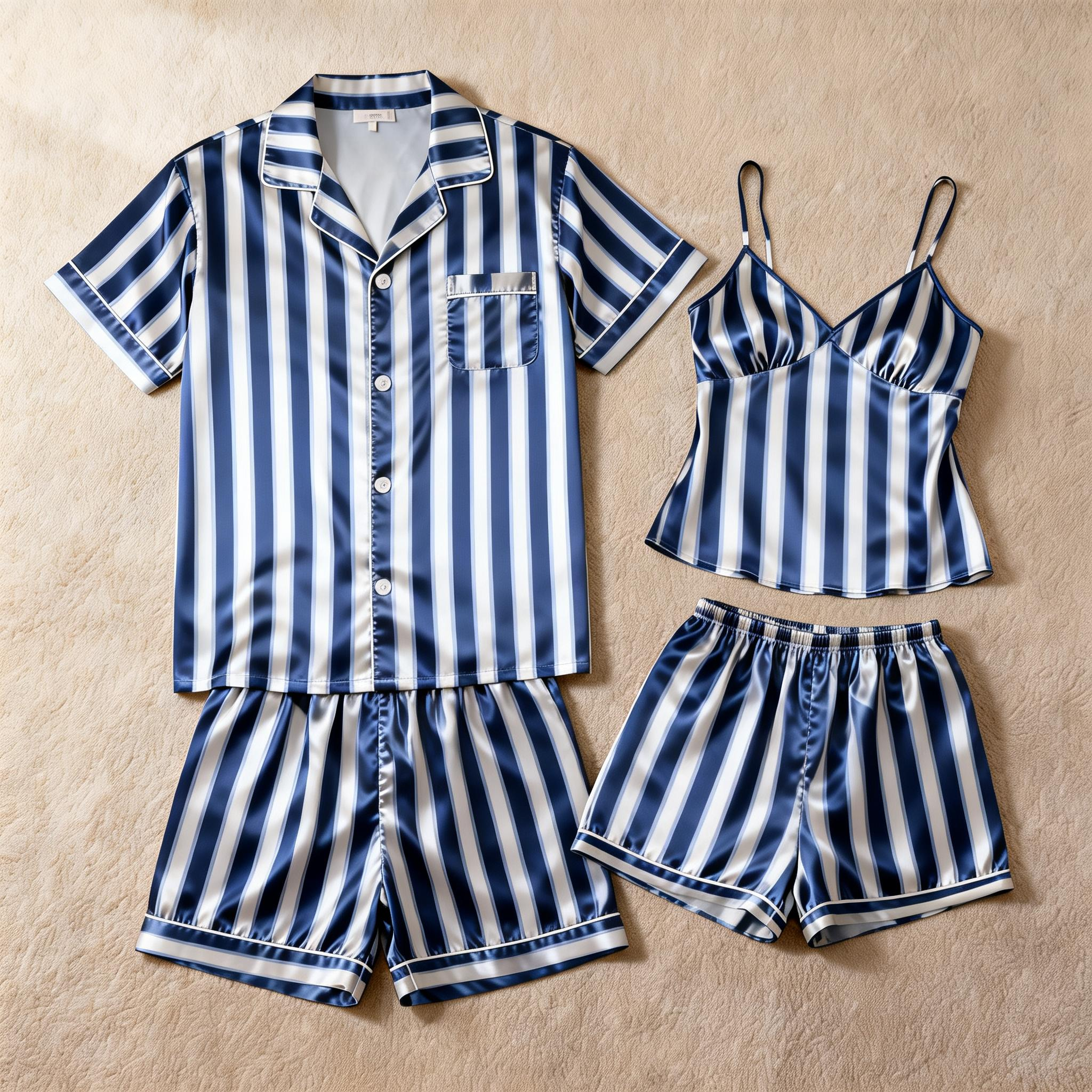 Silky Classic Striped Printed Couple Sleepwear ¨C Navy Satin Short Pajama Set