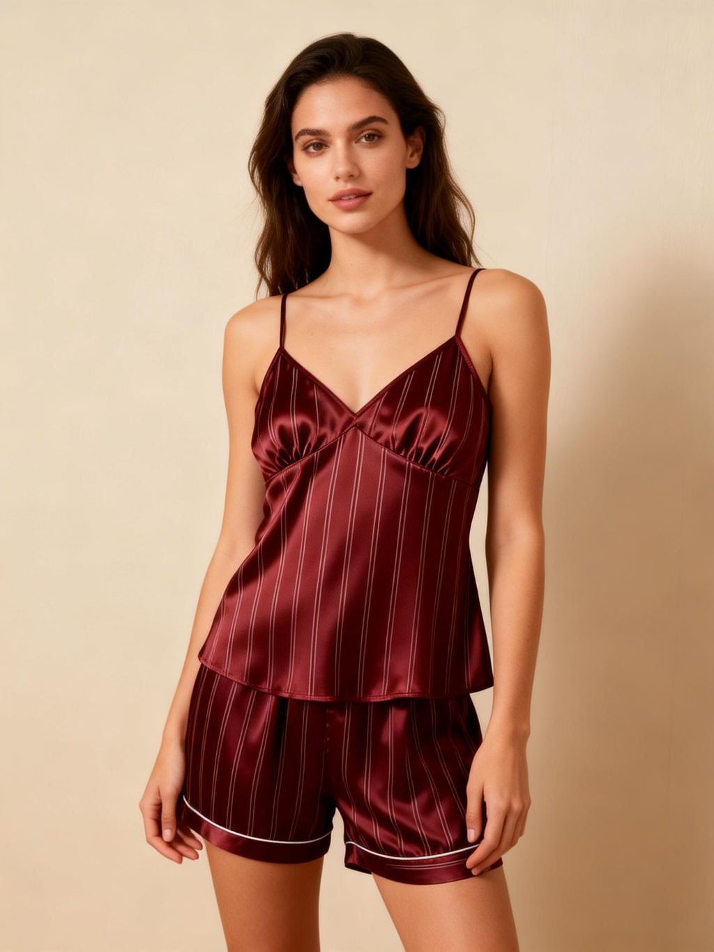 Silky Satin Striped Printed Sleep Set for Couples-Burgundy