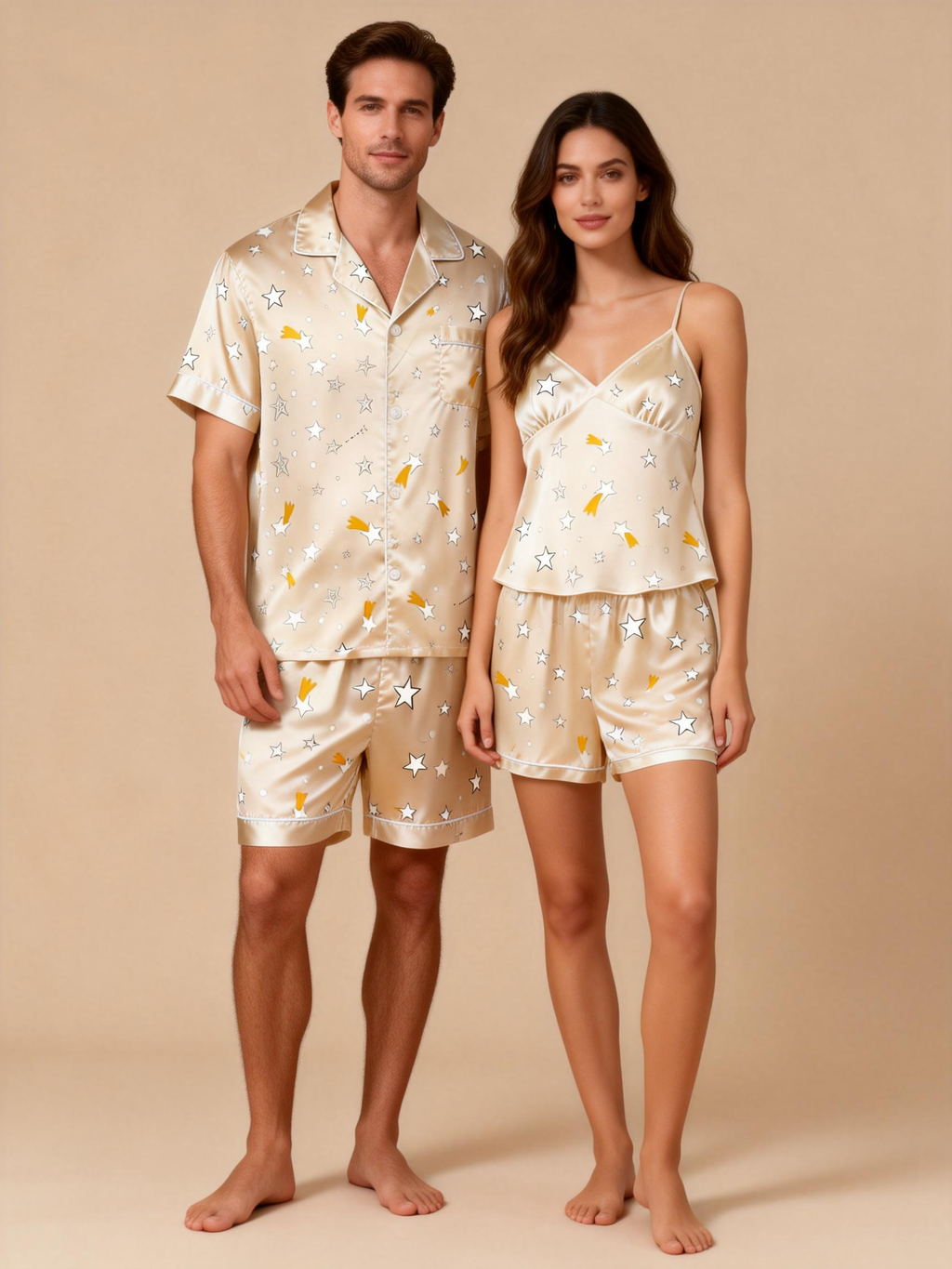 Intimate Couple Matching Pajamas: Classic Satin Style
