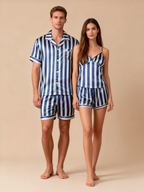 Silky Classic Striped Printed Couple Sleepwear ¨C Navy Satin Short Pajama Set