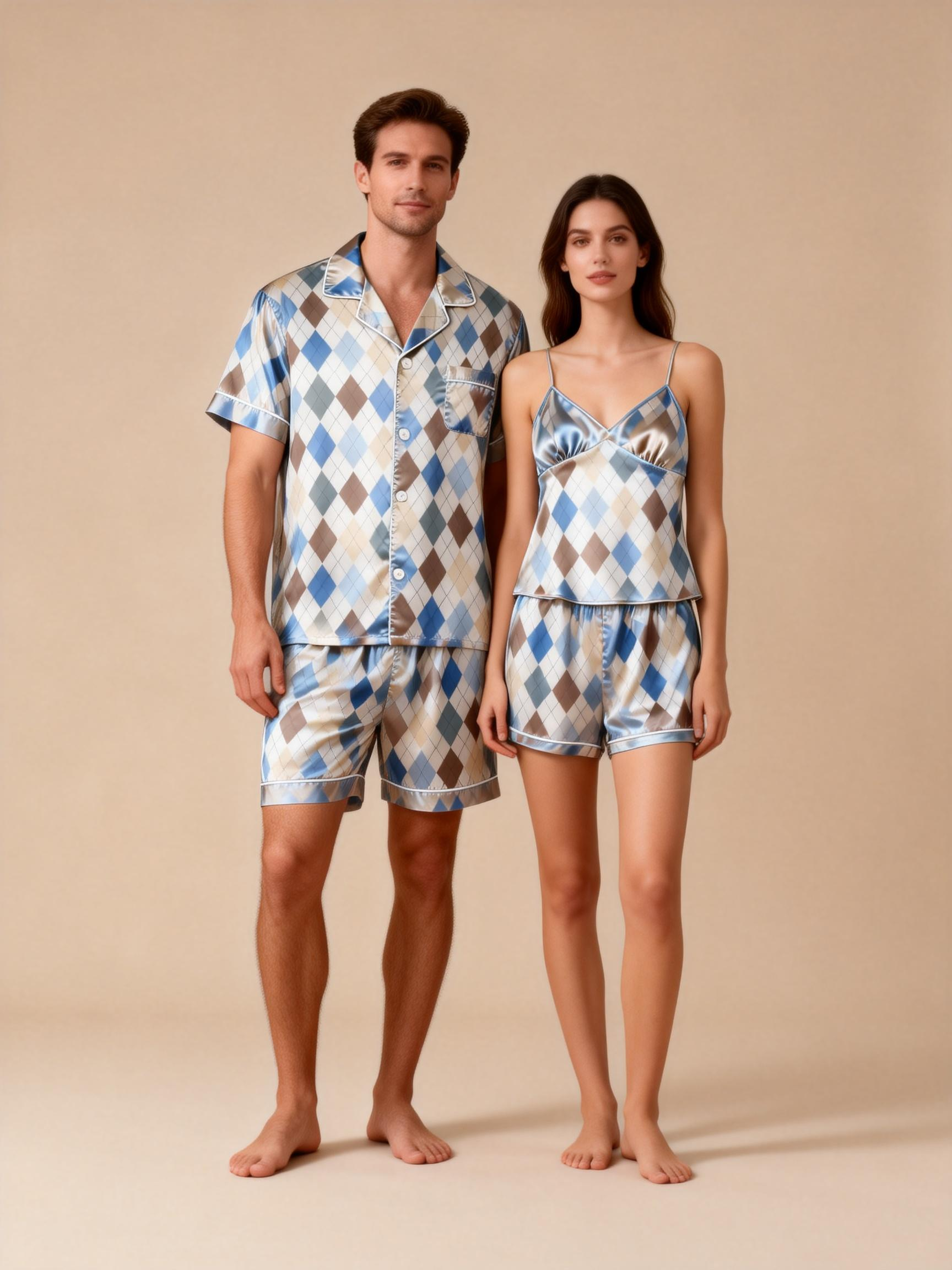 Anniversary Gift: Classic Satin Couple Pajamas Short Set