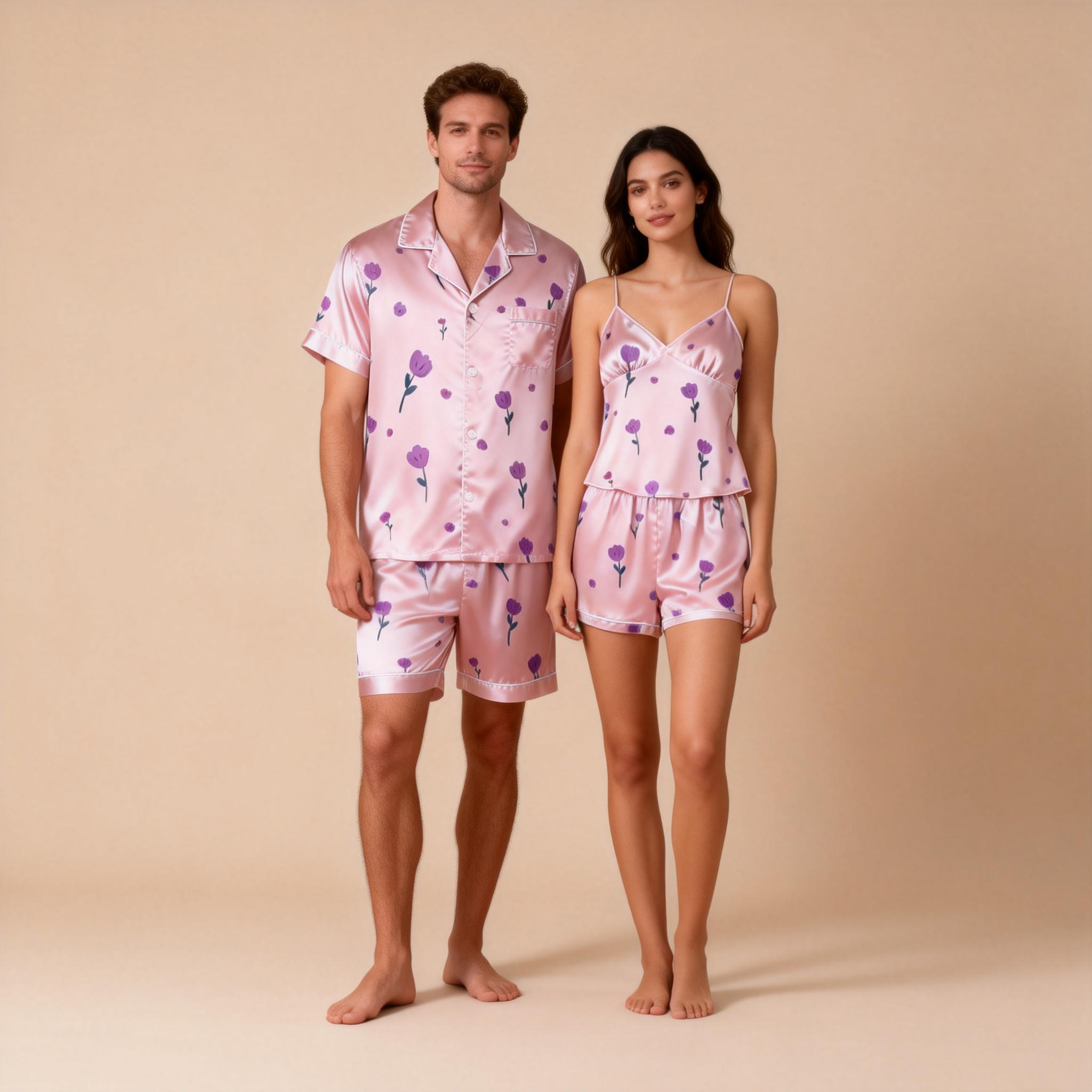 Couple¡¯s Silky Nightwear ¨C Satin Short Pajama Set