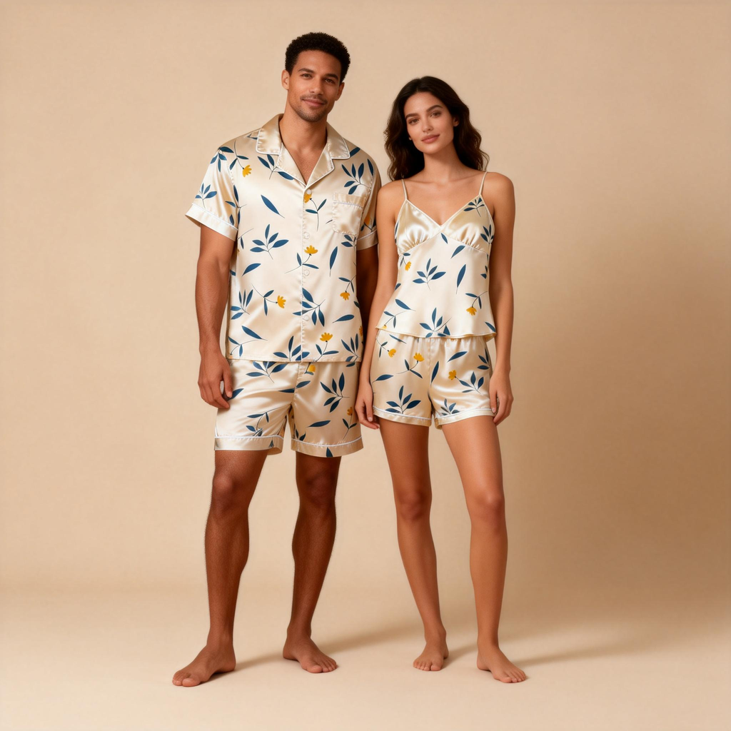 Matching Silky Pajamas for Couples ¨C Satin Short Style