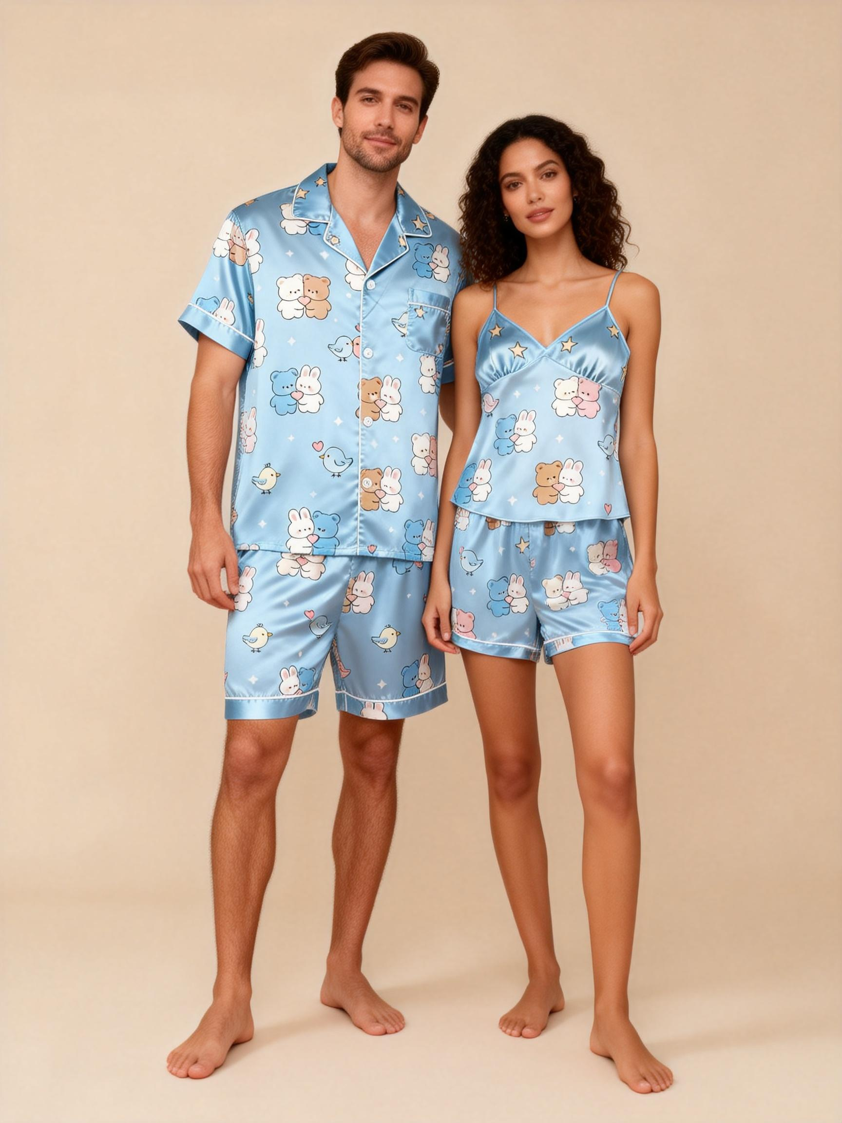 Classic Design Couple Pajamas in Satin Material