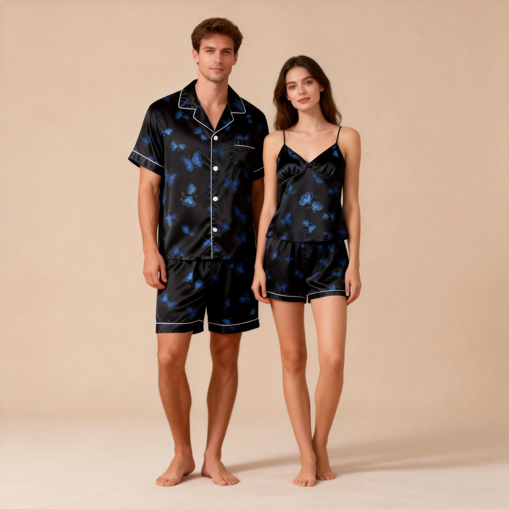 Premium Satin Couple Pajamas ¨C Short Style