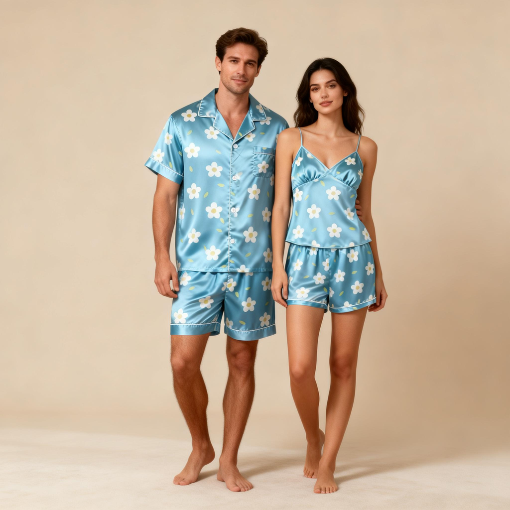 Classic Silky Couple Pajamas ¨C Satin Short Set for Relaxation