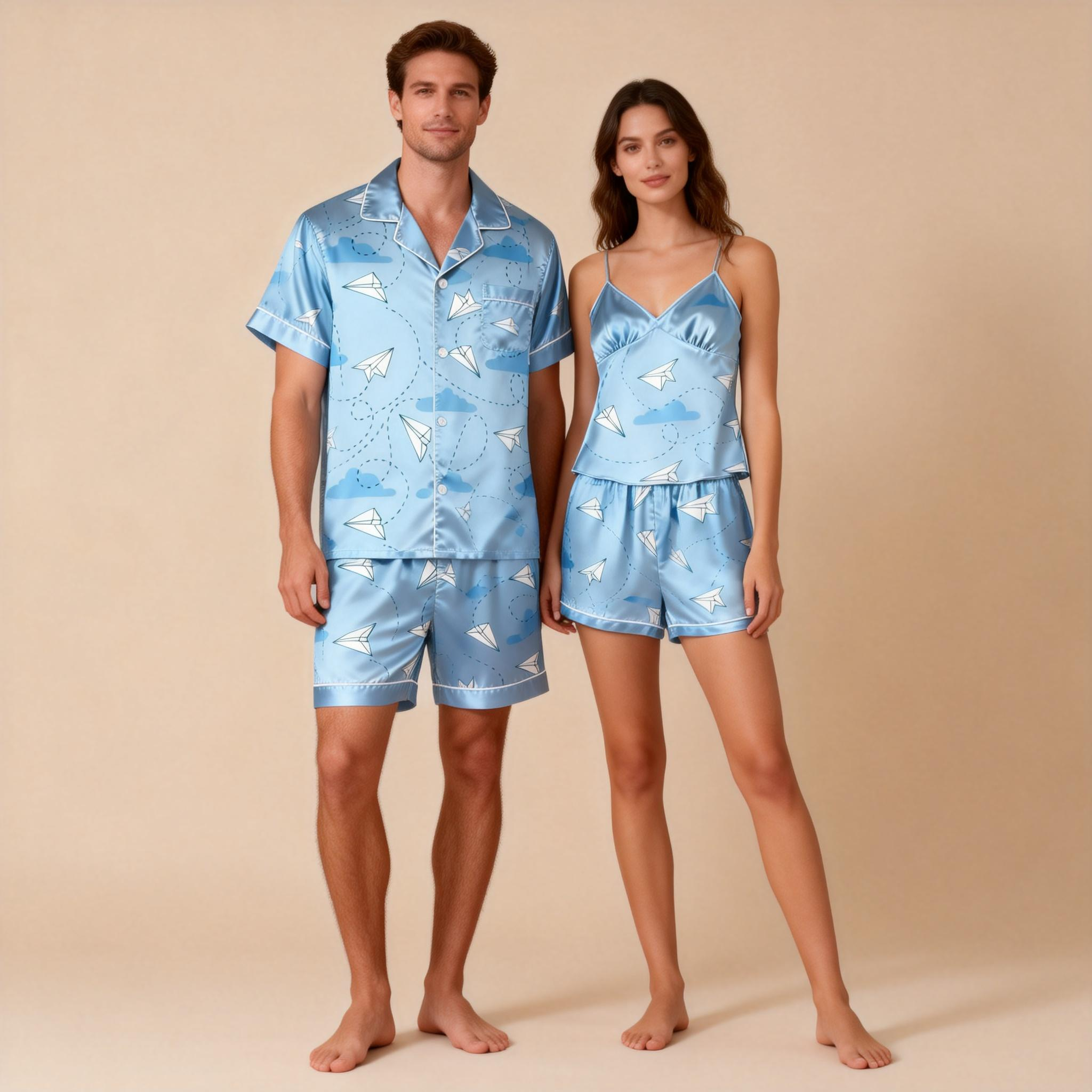 Silky Touch Classic Couple Pajamas ¨C Satin Short Set
